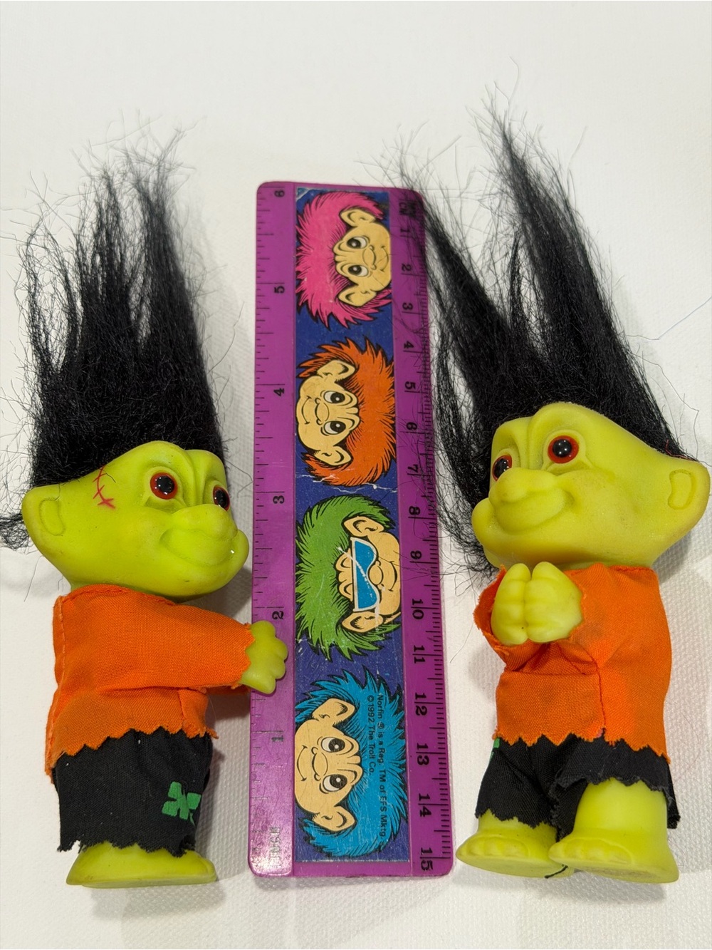 Russ Frankenstein Halloween Troll Dolls with Black Hair and Orange Outfits (Pair